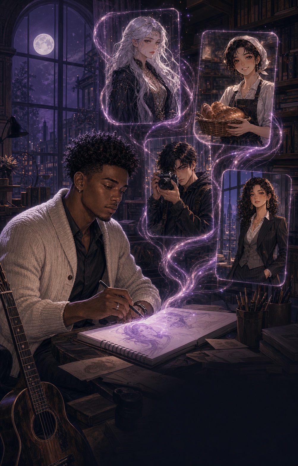 A creator sketching new characters connected by violet story threads
