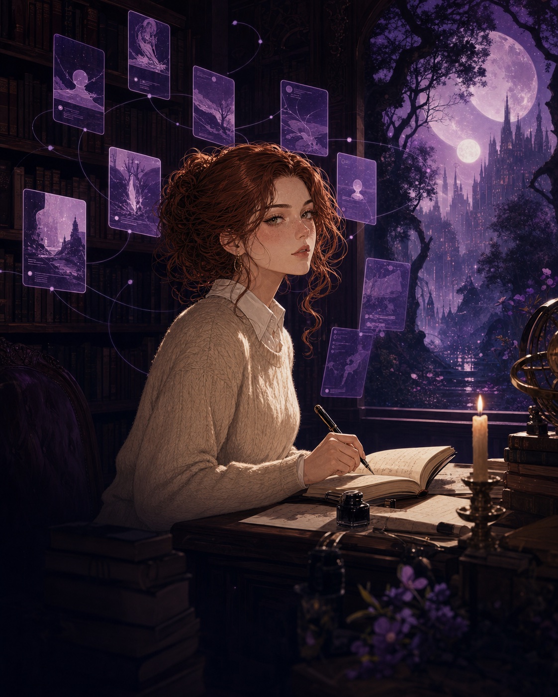 A writer surrounded by branching stories in a moonlit library