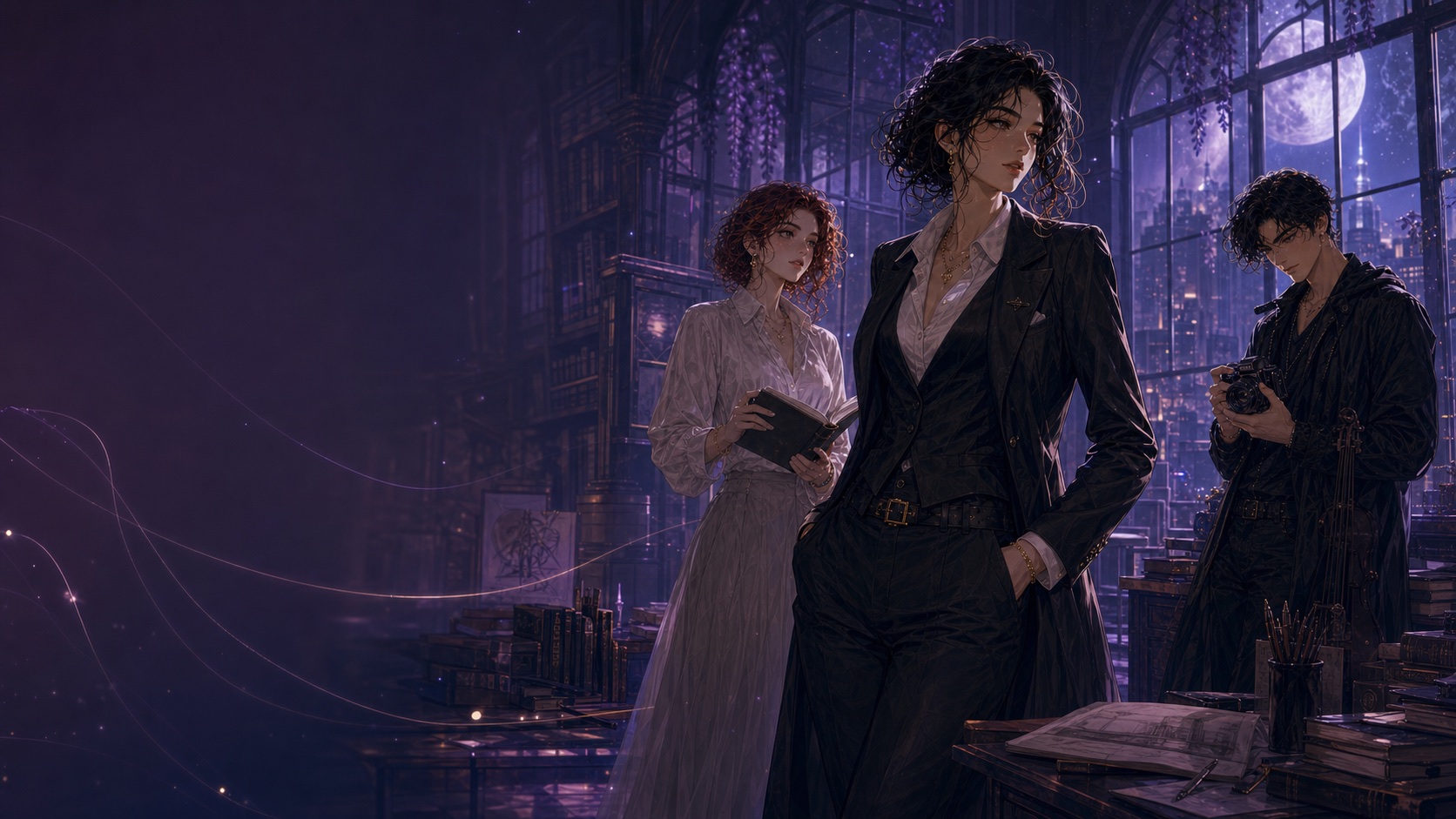 Three Lumora characters in a moonlit library studio